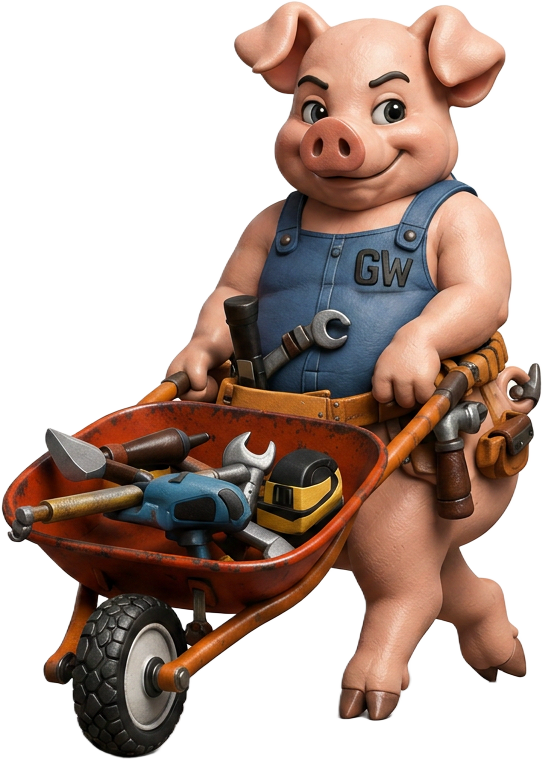 Grunt Work mascot pig in overalls pushing a wheelbarrow full of tools