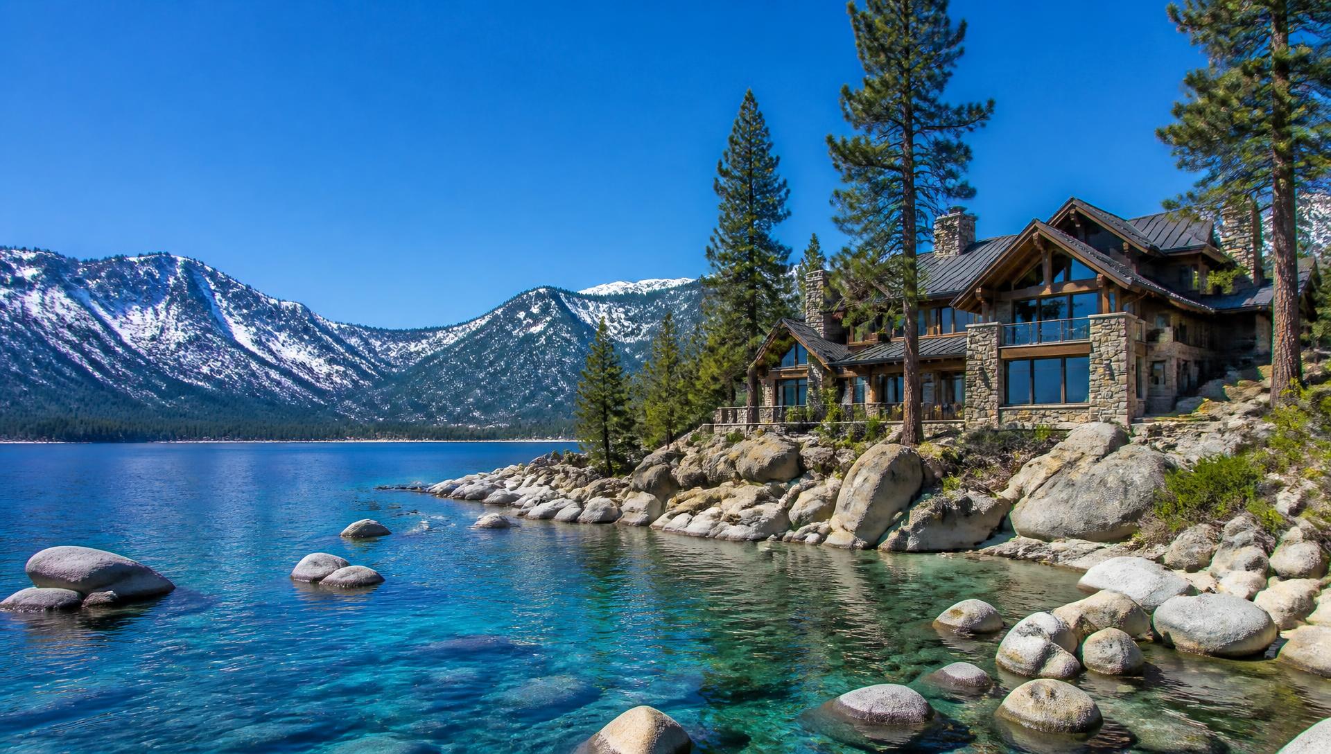 Crystal-clear Lake Tahoe shoreline with a stone and timber mountain home and snow-capped Sierra peaks